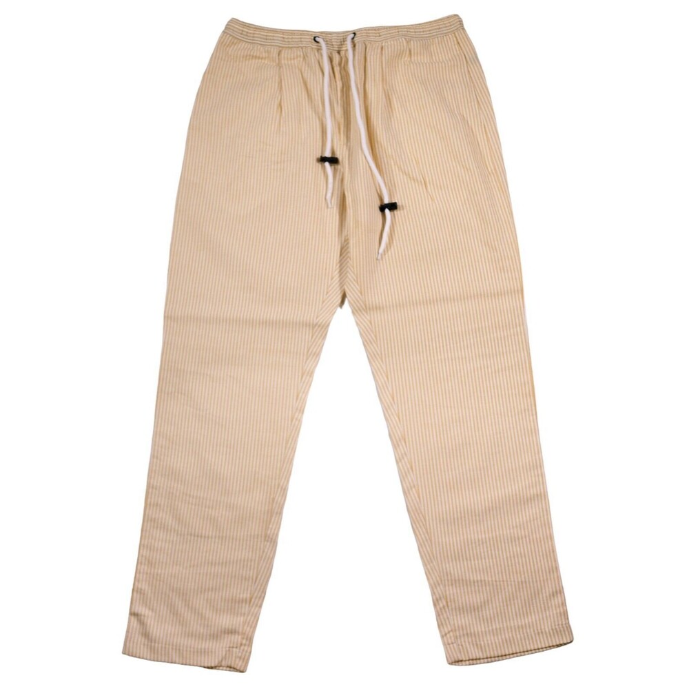 Mens Pants Jogger Beige Striped Cotton Drawstring Loose Casual Beach Medium